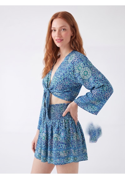 Pulchrani Boho Tarzı Bağlamalı Crop Üst Ve Mini Etek Seti Mavi - Yeşil