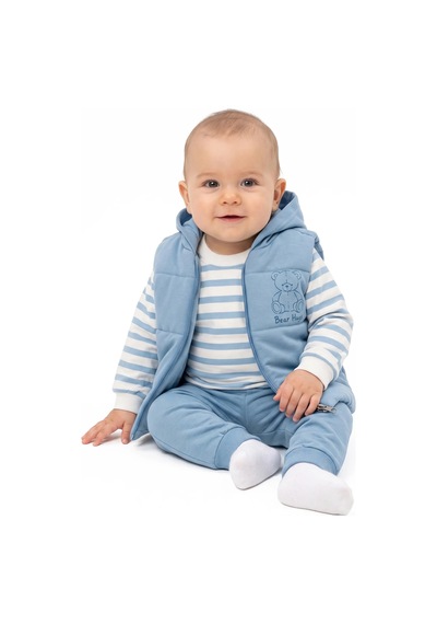 Bebegen Erkek Bebek Ekru Mavi Çizgili Ayı Baskılı Yelekli 3'lü Takım Çok Renkli