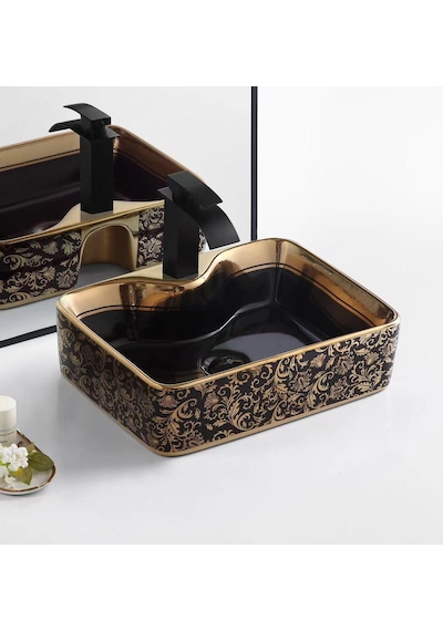 Puroser Finike Black Altın Tezgah Üstü Seramik Lavabo