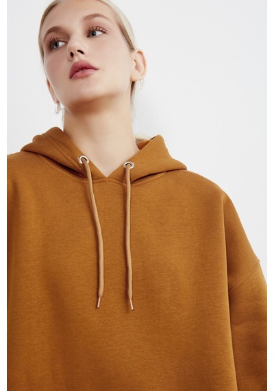 Meecy Kadın Kiremit Kapüşonlu Kanguru Cepli Sweatshirt Kiremit Kiremit