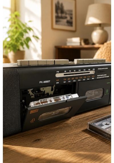 Puxing Px-888bt Siyah Nostaljik Çift Kaset Çalar Radyo - Bluetooth, Usb/sd, Mp3 Çalar
