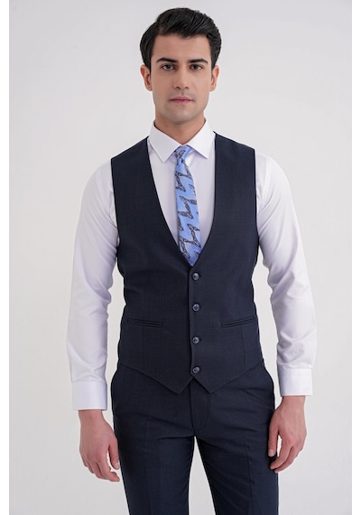 Efor Slim Fit Mono Yaka Çift Yırtmaç Armürlü Esnek Yünlü Lacivert Yelekli Klasik Takım Elbise Tk 933 Lacivert