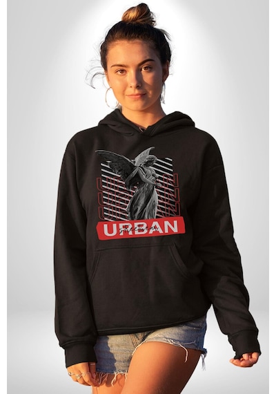 Şehir Sokak Stili Melek Heykeli Kadın Erkek Siyah Kapüşonlu Sweatshirt Hoodie Siyah