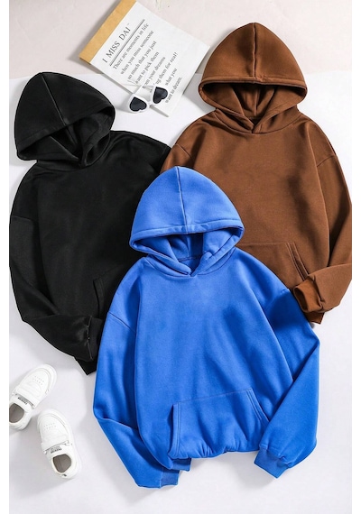 Uyguntarz Unisex Düz 3' Lü Baskısız Kapüşonlu Oversize Sweatshirt Mavi