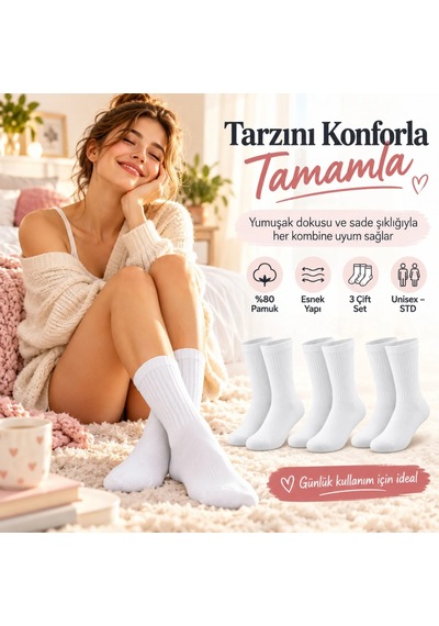 Teorastore Unisex Beyaz Soket Çorap Pamuk 12'li Set Dikişsiz Burun Takviyeli Esnek Günlük Spor Çorabı Rahat