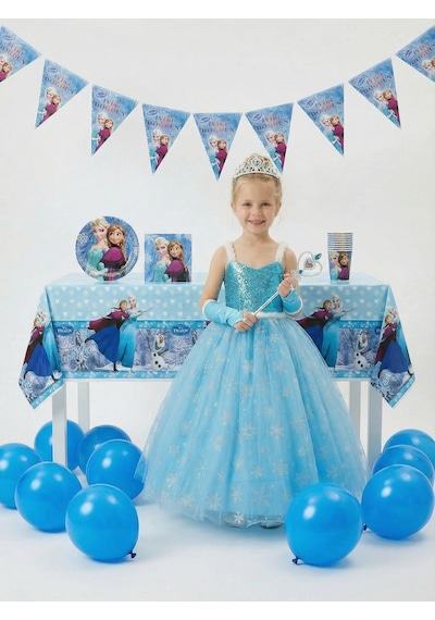 Butikhappykids Frozen Elsa Temalı Kız Çocuk Prenses Elbise Askılı Tüllü Kabarık Taç Asa Eldiven + Doğum Günü Parti Seti Hediyeli Mavi