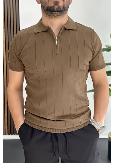 Erkek Slim Fit Fermuarlı Polo Yaka Tişört Açık Kahve Edw452 Kahverengi