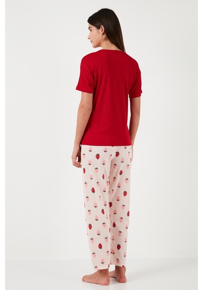 Lela Regular Fit Bisiklet Yaka Kısa Kollu Bayan Pijama Takımı 65770105 Kırmızı