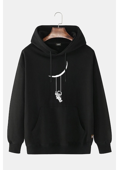 Unisex Siyah Kapüşonlu Salıncak Baskılı Slim Fit Kanguru Cepli Sweatshirt Siyah