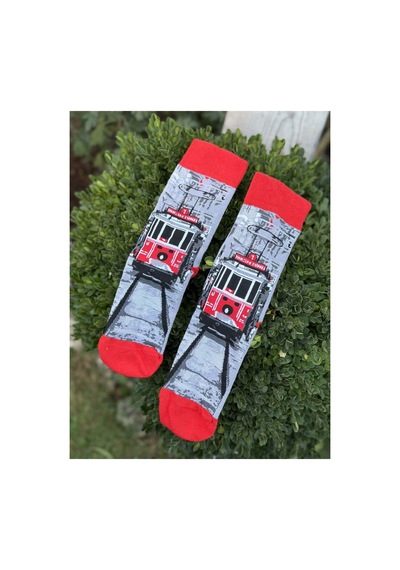 Lousocks Unisex İstanbul Tramvay Desenli Gri Kırmızı Soket Çorap