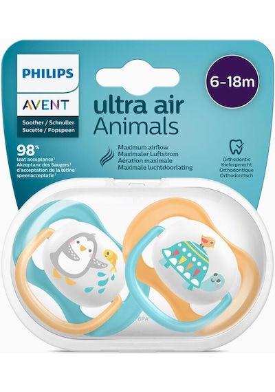 Philips Avent Ultra Air Animals Emzik 2'li  6 - 18 Ay Sarı - Mavi