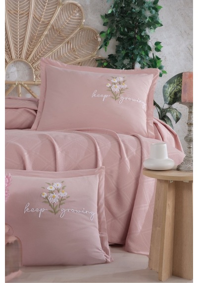 Butik Çift Kişilik Nakış Detaylı Pike Takımı Etta V4 Pudra