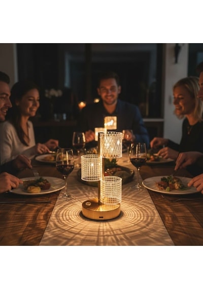 3 Parça Silindirik Kristal Ekose Kareli Led Masa Lambası Gold Gövdeli, Dokunmatik, 3 Kademe Işık Ayarlı Şarjlı Dekoratif Lamba 5570 Sarı
