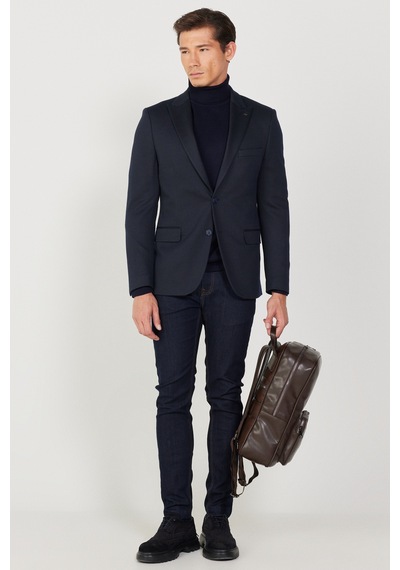 AC&Co / Altınyıldız Classics Erkek Lacivert Slim Fit Dar Kesim Kırlangıç Yaka Desenli Ceket Lacivert