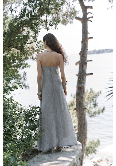 Mai Collection Mai Studios Co. Cinas Askılı Uzun Füme Keten Elbise Füme