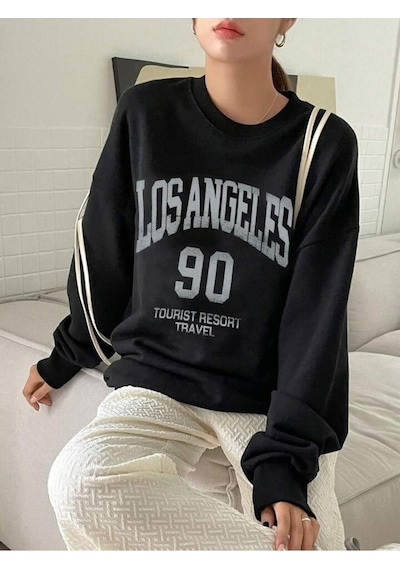 Los Angeles 90 Sweatshirt - Siyah Baskılı Oversize Bisiklet Yaka Siyah