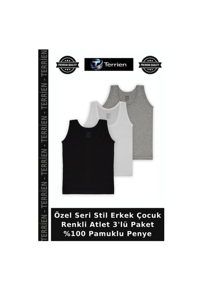 Terrien Özel Seri Stil Erkek Çocuk Renkli Atlet 3'lü Paket %100 Pamuklu Penye Çok Renkli