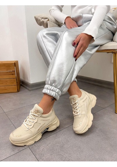 Erva'nın Butiği Bej Cilt Leo Leopar Detaylı Kadın Bağcıklı Sneakers-5201