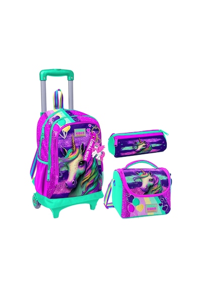 Coral High Pembe Su Yeşili Unicorn Üçlü Çekçek Işıklı Tekerlekli Çanta Seti - Kız Çocuk