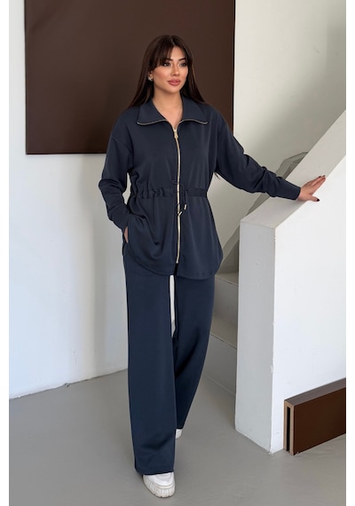 Balenbi Oversize Fermuarlı Beli Bağcıklı Polo Yaka Modal Kadın Takım 1196 - Form Serisi Füme Balenbi Oversize Fermuarlı Beli Bağcıklı Polo Yaka Modal Kadın Takım 1196 - Form Serisi Füme