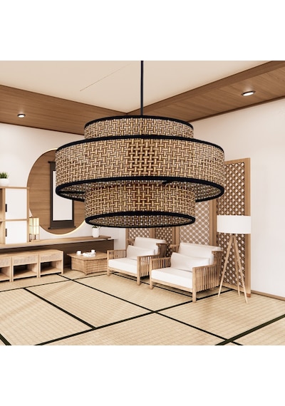 Otantik Trio Metal Kasalı Kahve Hasır Kaplama Rattan Salon Avize Üç Katlı Pasta Yatak Odası Sarkıt Kahve - Siyah