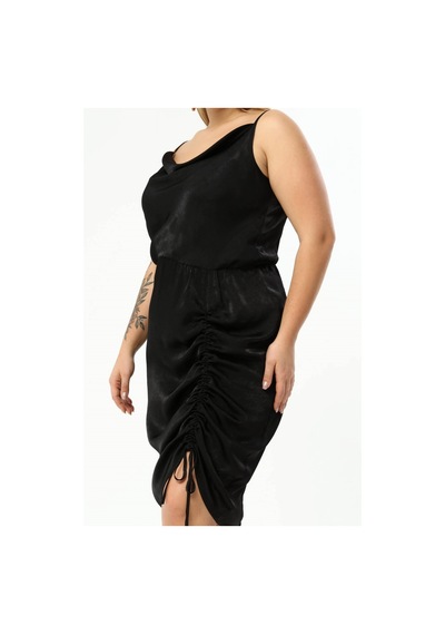 Myline Saten Degaje Yaka Drape Detaylı Elbise-1486 Siyah