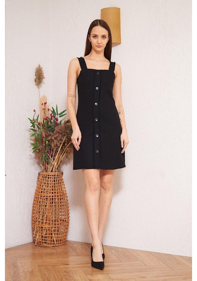 Darlin Moda Siyah Askılı Düğme Detaylı Mini Elbise DM1011 Siyah