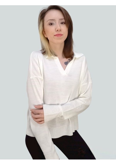 Boutique Venüs V Polo Yaka Triko Kazak Ekru Renk Standart Beden Ekru