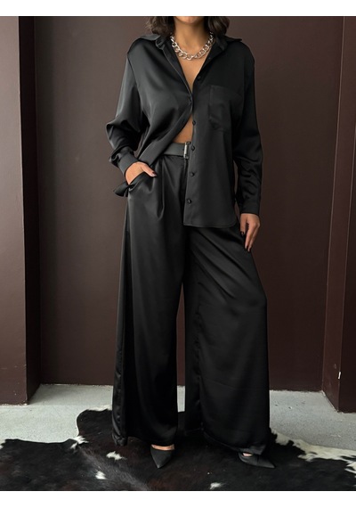 Verymoda Yüksek Bel Bol Paça Saten Pantolon Şık Ve Rahat Tasarım F2052 Siyah