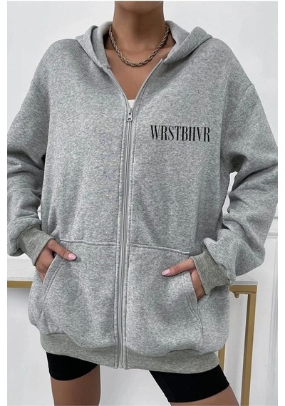 Altamira Unisex Gri Wrst Sırt Baskılı Ince Mevsimlik Kapşonlu Oversize Hırka 001