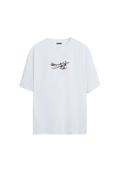 Thewert Unisex Antika Uçak Baskılı Beyaz Oversize Tshirt