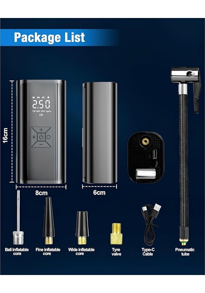 Tr Şarjlı Lastik Şişirme Hava Kompresörü, 150 Psı Güçlü Hava Şişirme, 6000 Mah Uzun Şarj Ömrü, Lcd Ekranl Genel