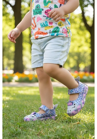 Kiko Kids Zubin Deniz Kızı Cırtlı Işıklı Kız Bebek Babet Ayakkabı Lila