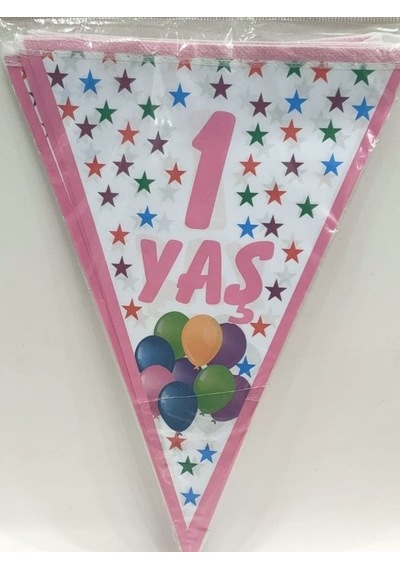 Özel Seri Aksesuar Hazırlık Duvar Dekoru 1 Yaş Yıldızlı Pembe Üçgen Flama
