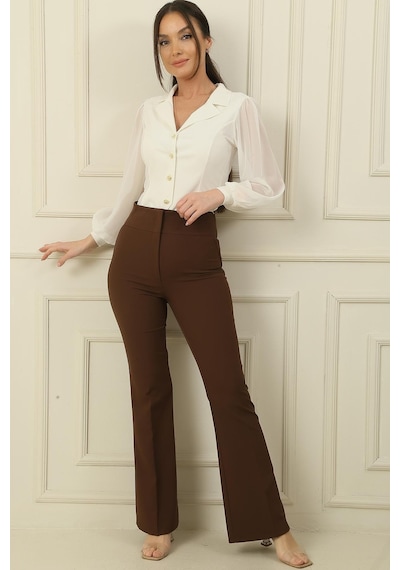 By Saygı Yüksek Bel Cepli En Boy Likra İspanyol Paça Pantolon-36219-kahve Kahverengi