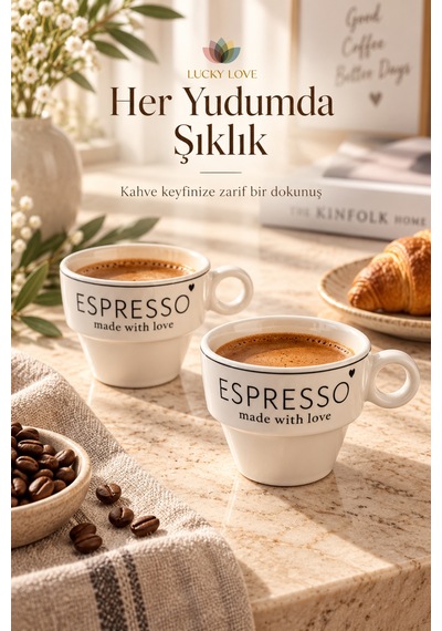 4 Lü Espresso Fincanı Seti Beyaz Seramik Made With Love Tasarımlı Kahve Fincanı