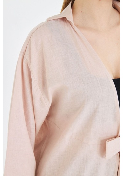 Armonika Kadın Bej Önden Bağlamalı İnce Keten Kumaş Midi Boy Kimono Gömlek Arm-24y001081