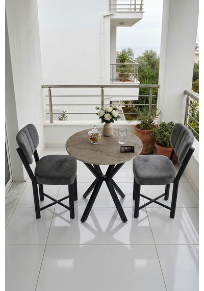Mutfak Masası 70 Çap 2 Sandalyeli Traverten Görünümlü Balkon Bahçe Cafe Masa Seti Elma Antrasit