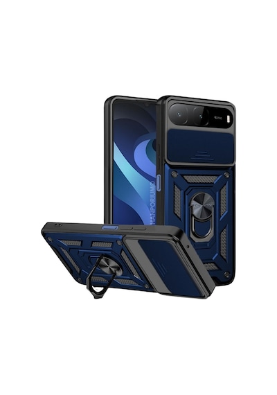 Tecno Spark 40 5g Uyumlu Tank Kılıf Yüzüklü Standlı Extra Koruma Zırhlı Outdoor Kapak Lacivert