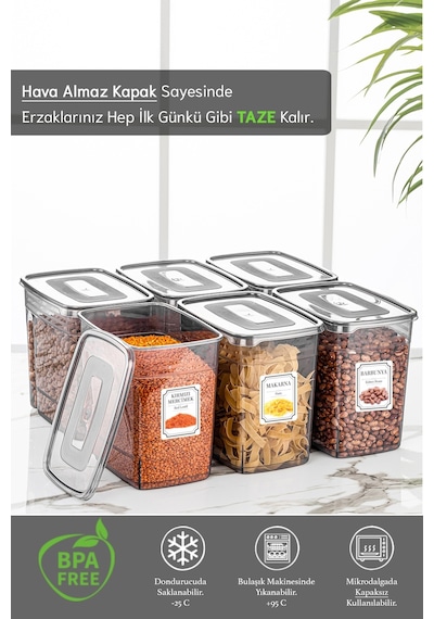 Meleni Home 6'lı Mega 3,5 Litre Bakliyat Kabı - Etiketli Lena Kavanoz Erzak Saklama Kabı