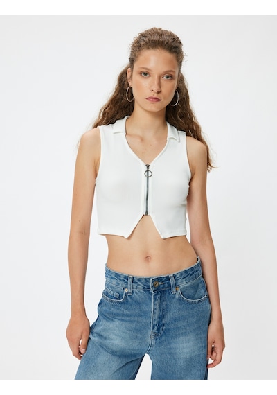 Koton Crop Üst Polo Yaka Fermuar Detaylı Kolsuz Slim Fit Ekru 4sal30311ık Ekru Koton Crop Üst Polo Yaka Fermuar Detaylı Kolsuz Slim Fit Ekru 4sal30311ık Ekru