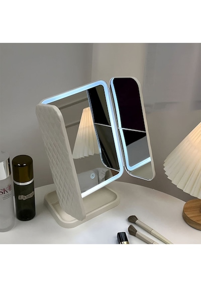 Katlanır Kapaklı 3 Ton Dokunmatik Led Işıklı Usb Şarjlı Taşınabilir Makyaj Aynası Beyaz