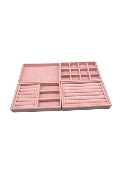 Yerli Üretim Süet Kumaş Pembe Renk 4 Lü Takım Çekmeçe İçi Takı Standı Çok Renkli