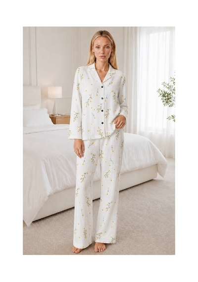 Fit Women Kadın Desenli Mavi Pijama Takımı 4674 Beyaz