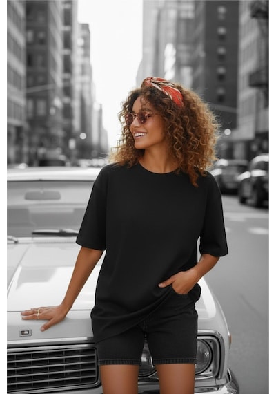Mily Kadın Oversize Basic Bisiklet Yaka Pamuklu T-shirt Rahat Kesim Unisex Sevgili Kombini SIYAH