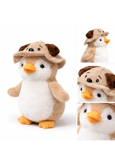 Şapkalı Penguen Peluş Pembe 35 Cm Kahverengi
