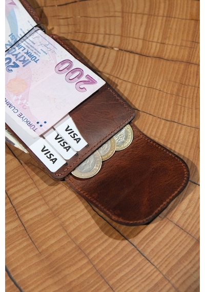 Lenax Leather Mono Klips Hakiki Deri Erkek Cüzdan Nakit Para Klipsli, Mıknatıslı Kapak, Bozuk Para Cepli Taba