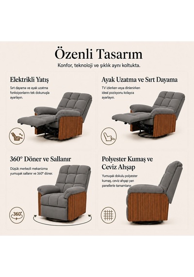 Smarto Relax Porto Tv Koltuğu Ahşap Yan Panelli Döner Ve Elektrikli Döner Sallanan Kontrollü Nefes Alabilir Kumaş Baba Koltuğu Gri