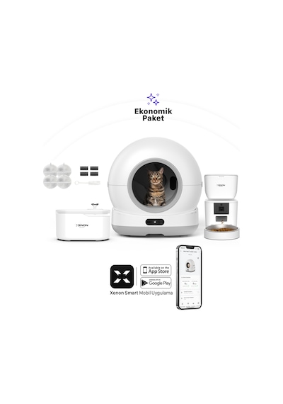 Xenon Smart Akıllı Otomatik Kedi Tuvaleti Paslanmaz Çelik Kaseli 4lt Hazneli Mama Kabı Led Işıklı Su Pınarı Ve Filtre 4'lü Pet Seti