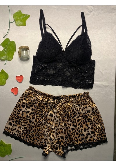 Leopar Desenli Saten Şortlu Bralet Takım Kahverengi
